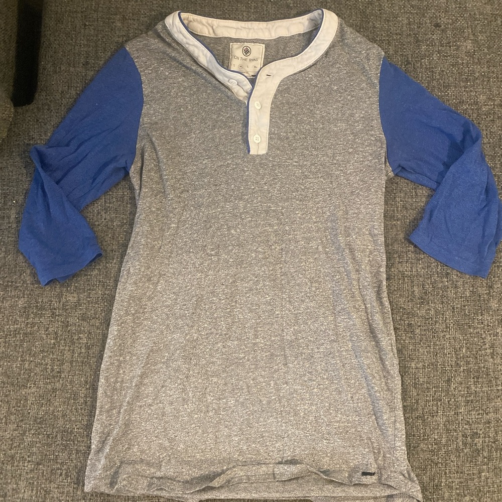 on the byas Gray Henley with Blue Raglan Sleeves